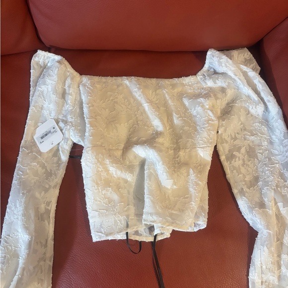 Altar'd State Cream Lace Tie-Front Long Sleeve Crop Top with Black Trim - Picture 4 of 4